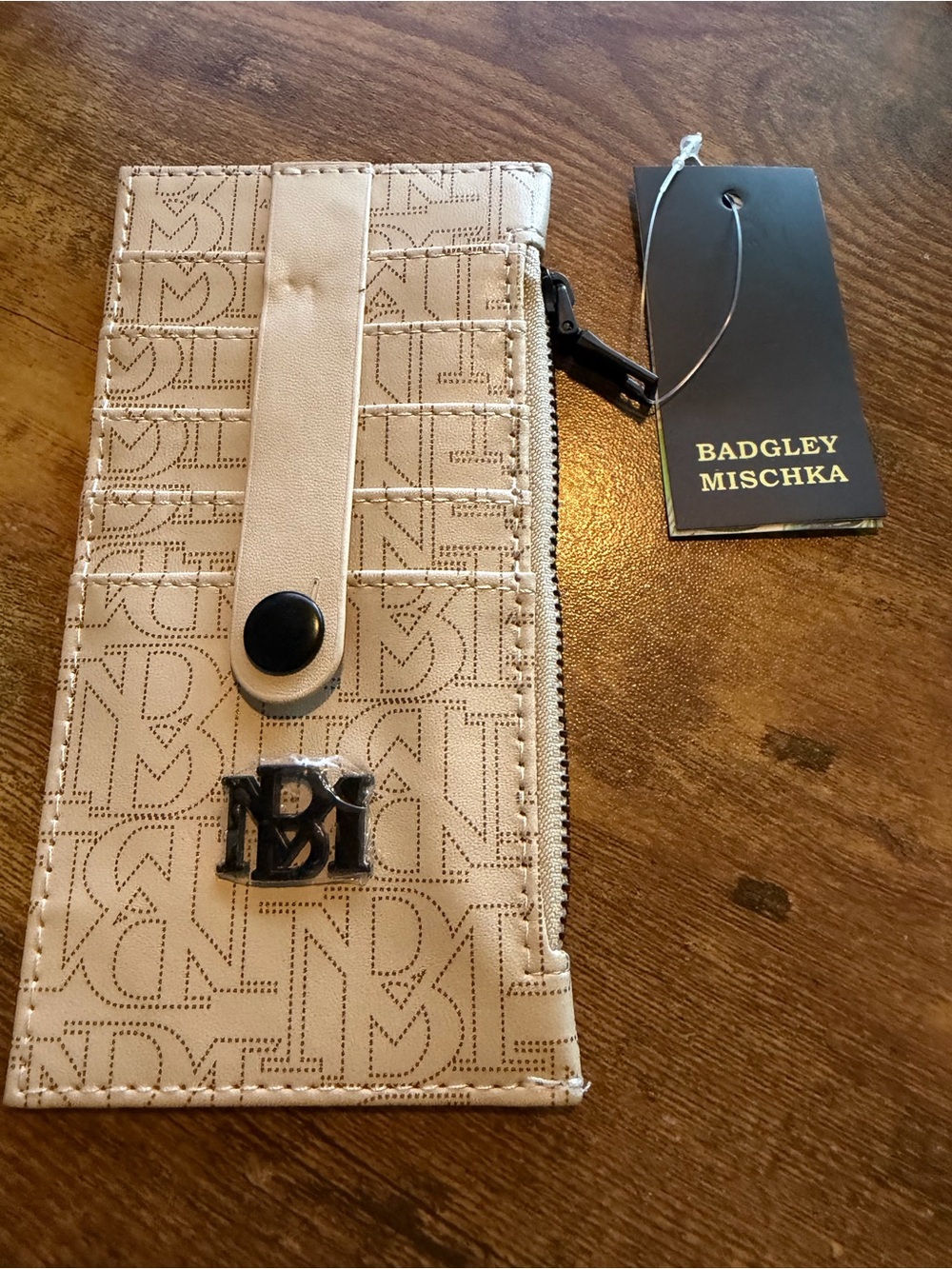 Badgley Mischka Beige Monogram Zip Wallet